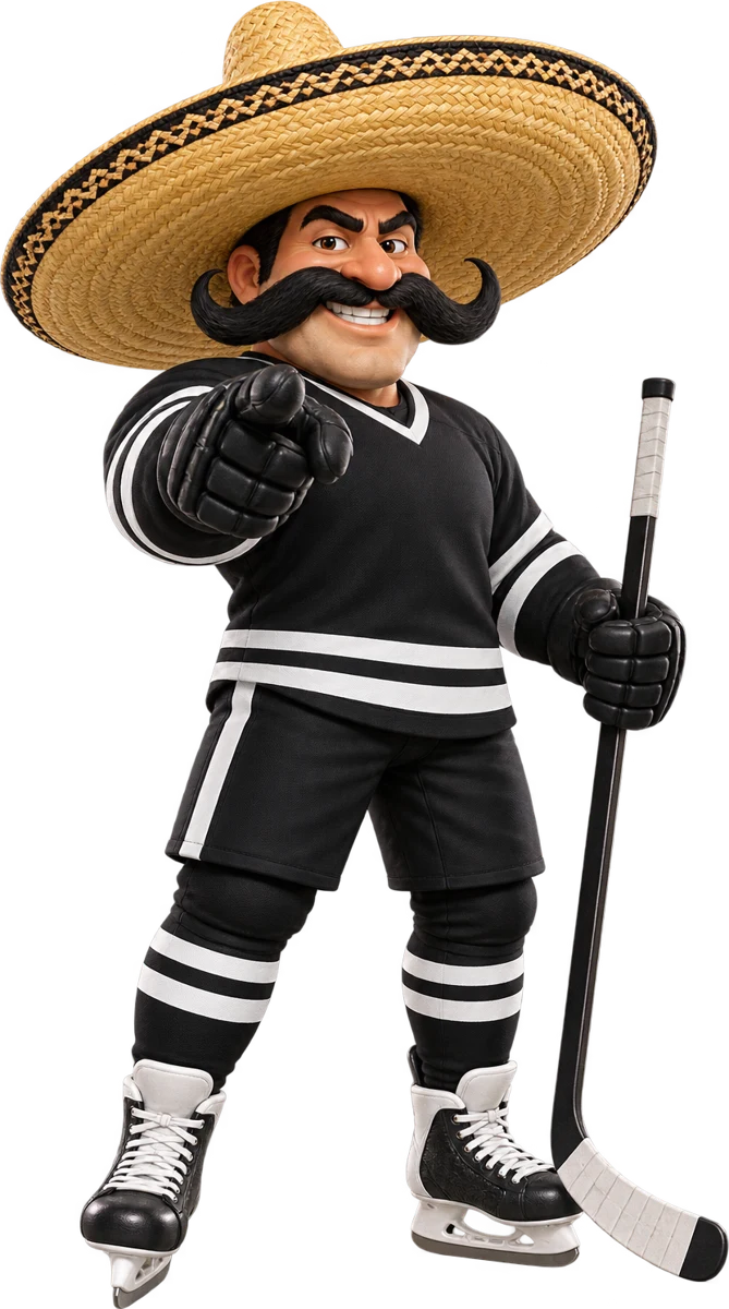 The Sombrero's Hockey mascot: a hockey player in a black-and-white jersey, a giant sombrero and a huge mustache, pointing at you